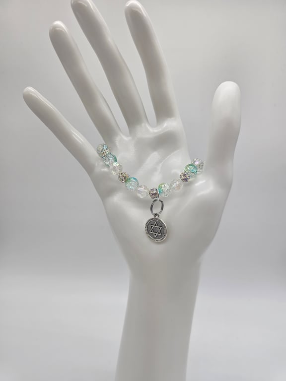 Iridescent and Silver Beaded Stretch Bracelet with Star of David Charm
