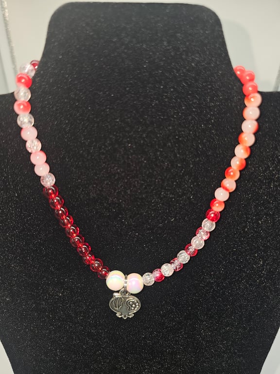 Red and White Beaded Necklace with Silver Pomegranate Charm