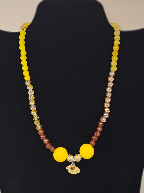 Yellow, Brown, and Clear Beaded Necklace with Pompompurin Focal Charms