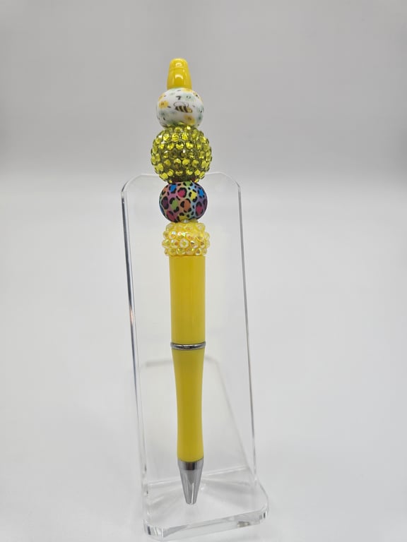 Yellow Beaded Pen with Multi-Colored Leopard Beads