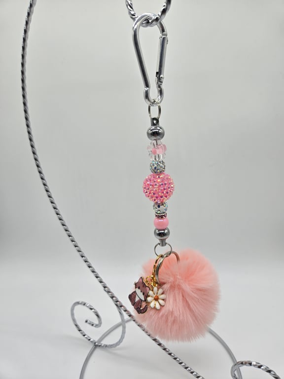 Pink Beaded Keychain with Pom-Pom and Flower Charm