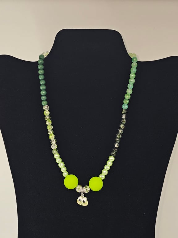 Pastel Green and Yellow Beaded Necklace with Frog Charm