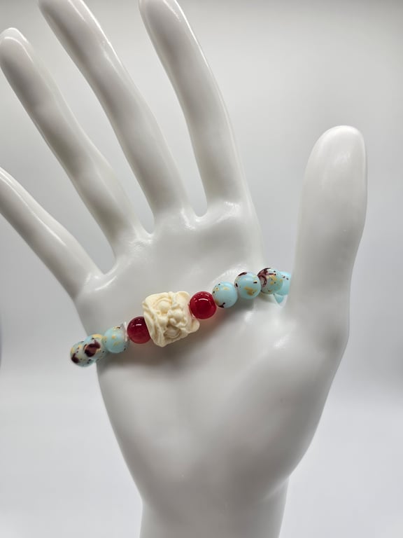 Sky Blue and Red Beaded Stretch Bracelet with Ivory Rose Charm