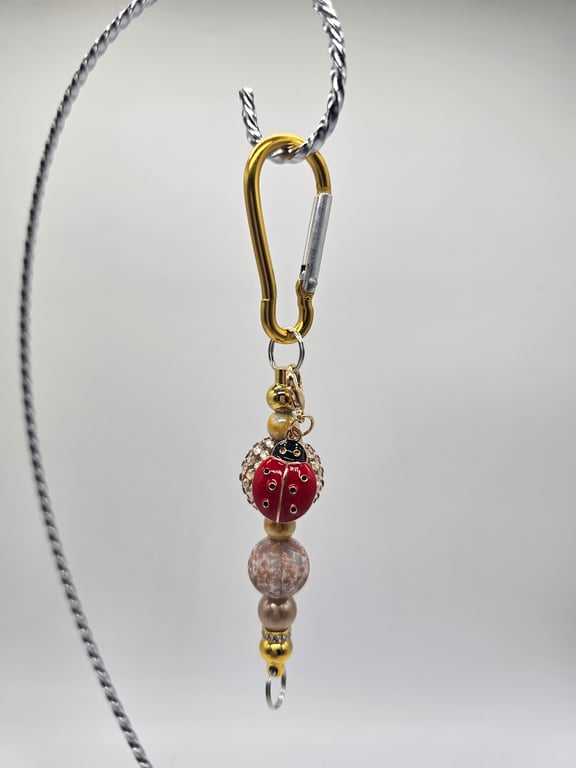Red and Gold Beaded Keychain with Ladybug Charm