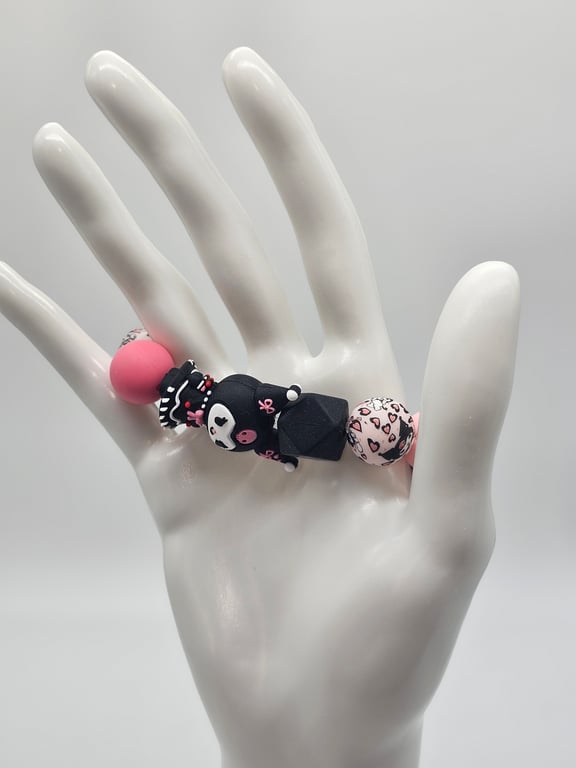 Pink and Black Beaded Bracelet with a Kuromi Charm