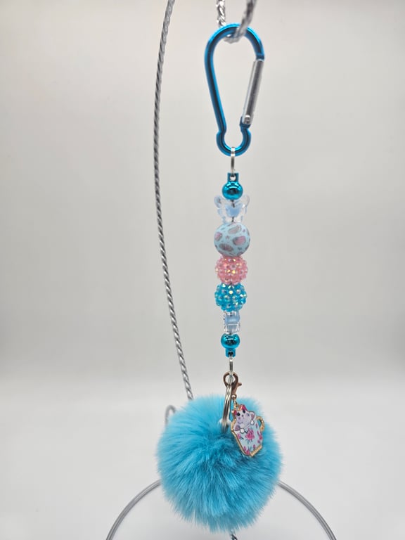 Sky Blue Pom-Pom Keychain with Pink and Blue Beads