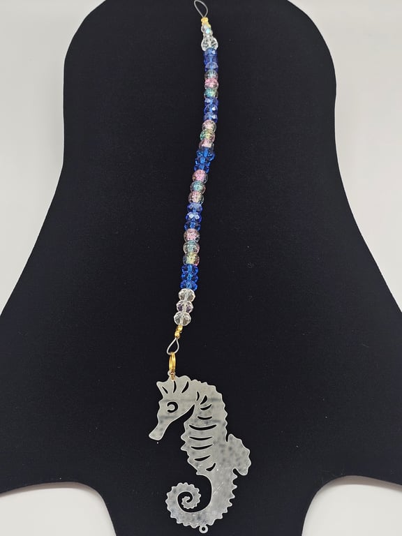 Crystal and Blue Beaded Sun Catcher with Silver Seahorse Charm