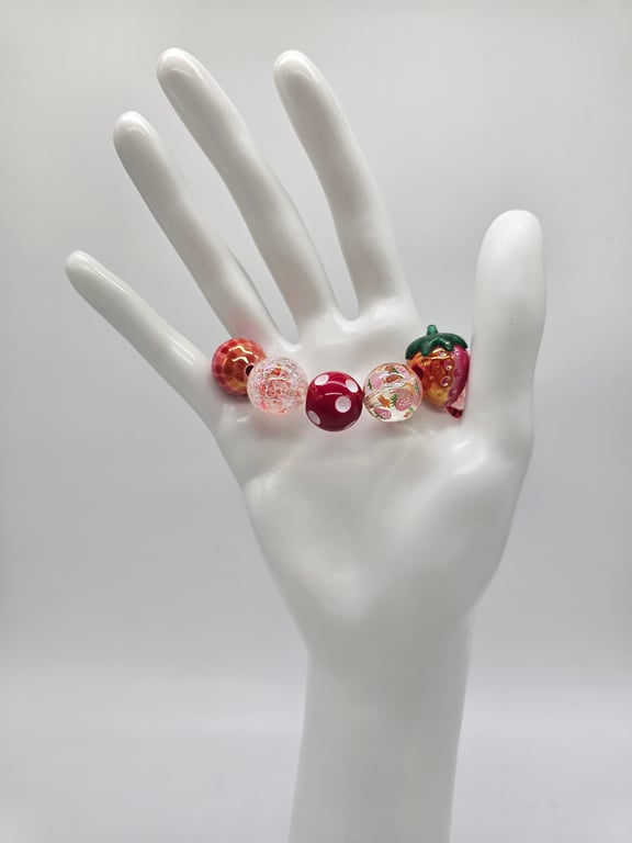 Strawberry Red and Pink Glass Beaded Stretch Bracelet