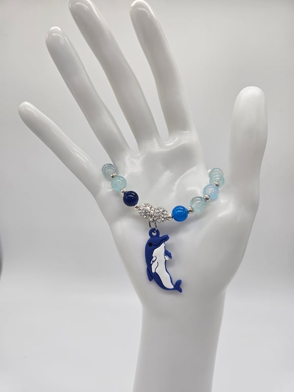 Sky Blue and Navy Beaded Dolphin Charm Bracelet