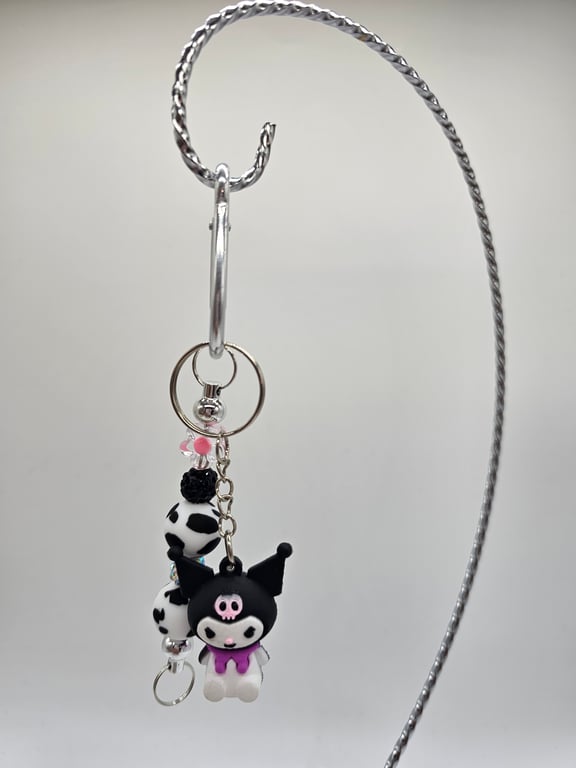 Black and White Beaded Keychain with Kuromi Charm