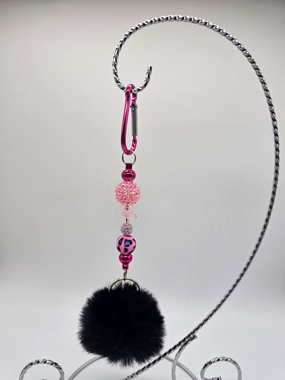 Pink and Black Beaded Keychain with Pom-Pom