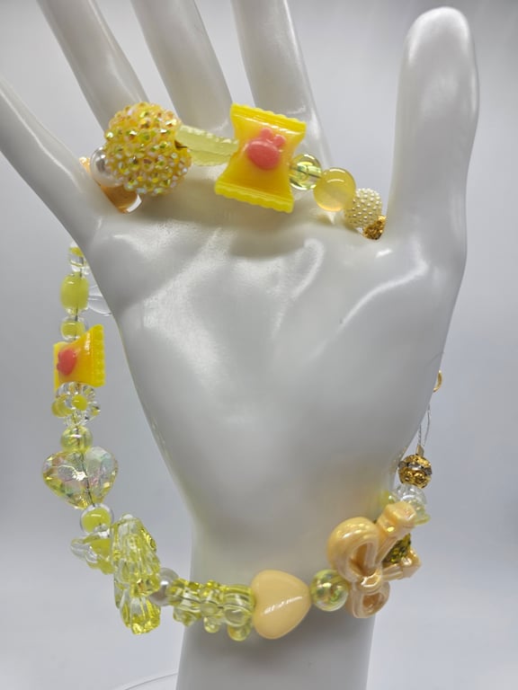 Chunky Yellow and Clear Beaded Phone Wristlet with Yellow and Pink Focal Beads