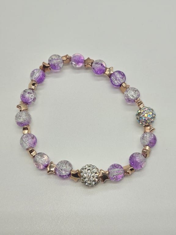 Purple and Silver Stretch Beaded Bracelet with Star Charms — photo 2