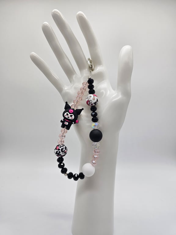 Black and Pink Beaded Phone Bracelet with Kuromi Charm
