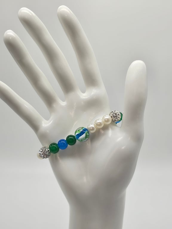 Sky Blue Jade and Green Glass Bead Stretch Bracelet with Silver Charms
