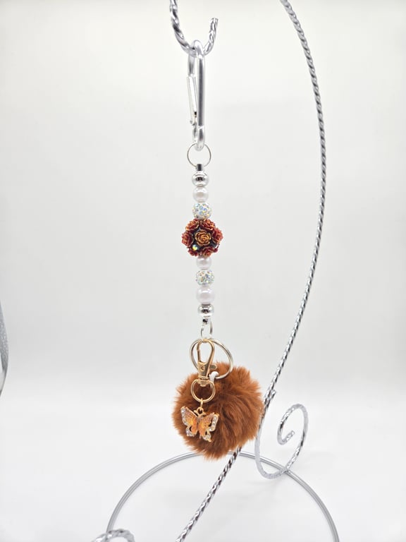 Silver and Brown Beaded Keychain with Butterfly Charm