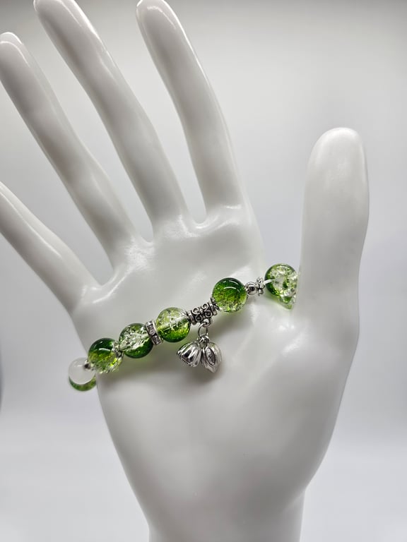 Green and Silver Beaded Stretch Bracelet