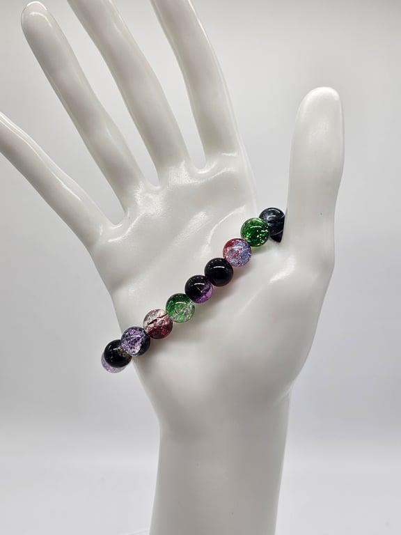 Black, Green and Purple Glass Bead Stretch Bracelet