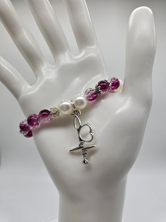 Pink Glass Bead Bracelet with Silver Heart Charm