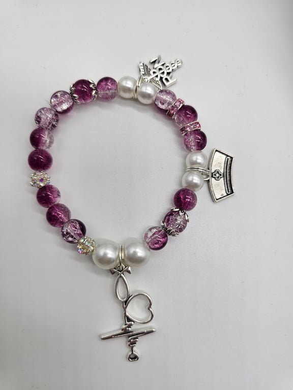 Pink Glass Bead Bracelet with Silver Heart Charm — photo 2
