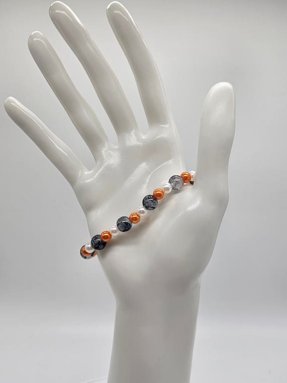 Orange, White, and Gray Beaded Stretch Bracelet