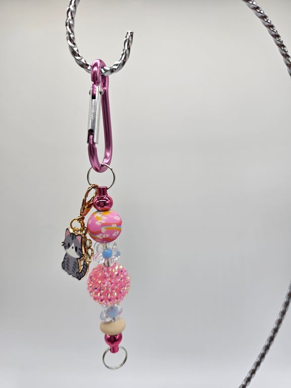 Pink and White Keychain with Kitty Charm