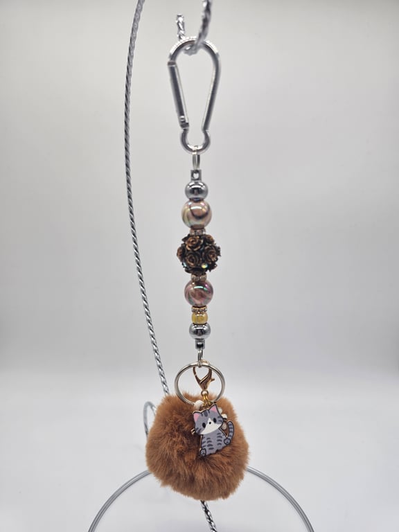 Metallic Beaded Keychain with Cat Charm