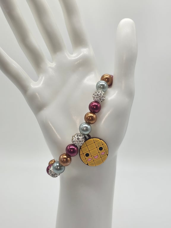 Magenta, Gold, and Silver Beaded Stretch Bracelet with Waffle Charm