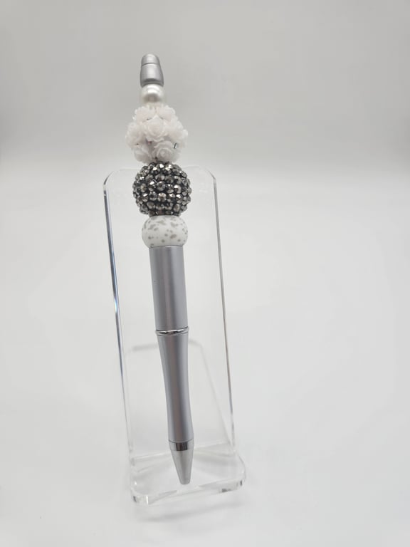 Silver Ballpoint Pen with White, Gray, and Silver Beads