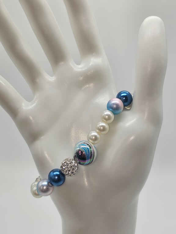 Sky Blue and White Pearl Stretch Bracelet