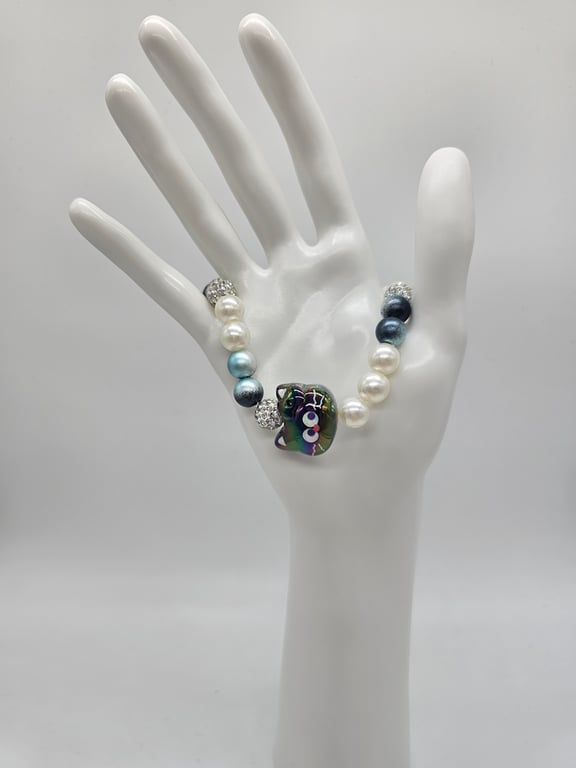 Sky Blue and White Beaded Bracelet with Silver Charm