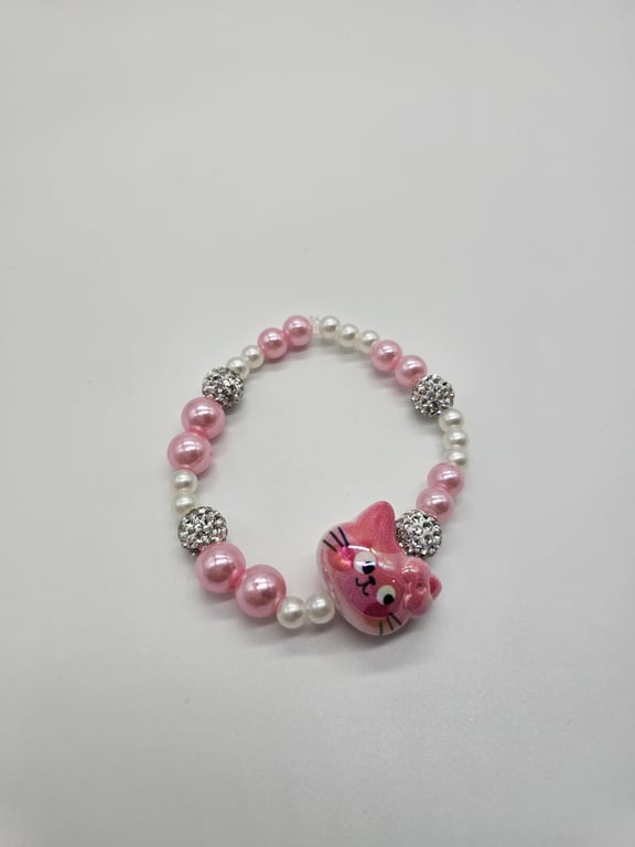 Pink and White Pearl Beaded Bracelet with Pink Cat Charm — photo 2