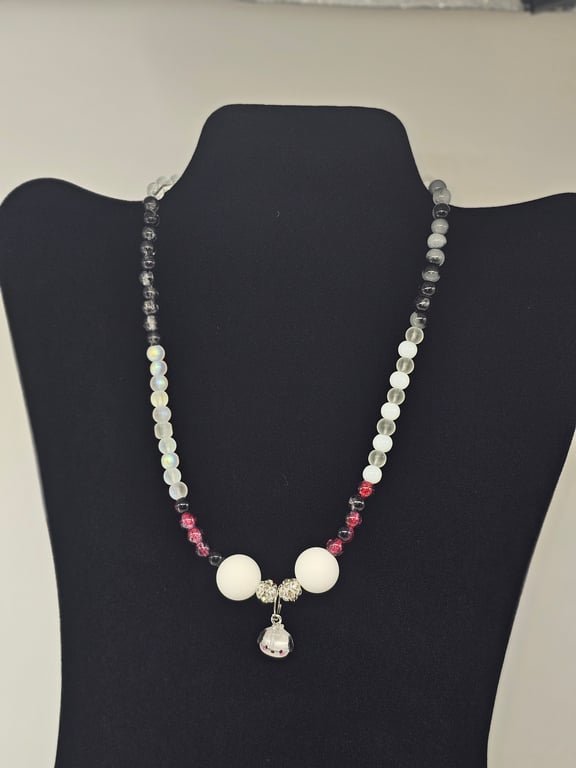 Beaded Necklace with White and Pink Beads and pochacco Charm