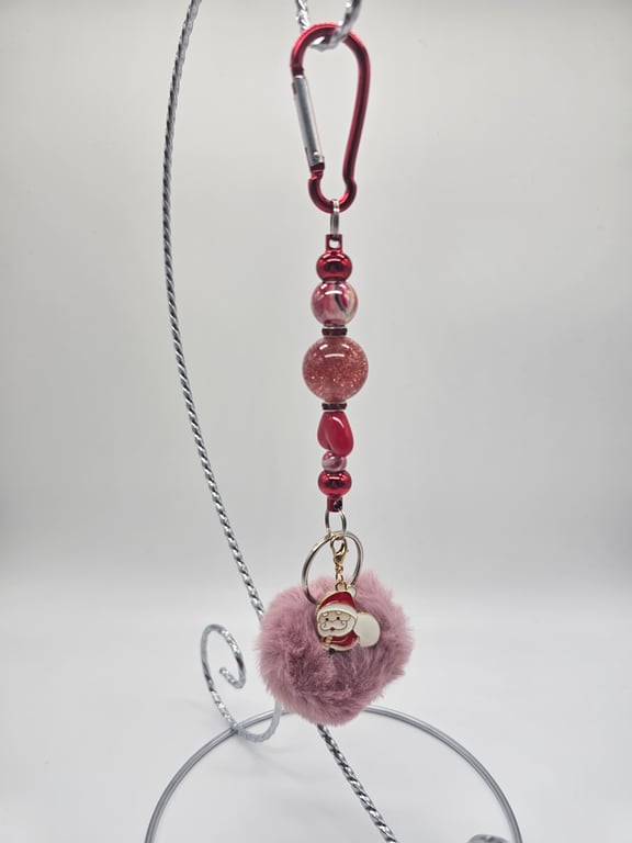 Red Keychain with Pink Pom-Pom and Beaded Keychain