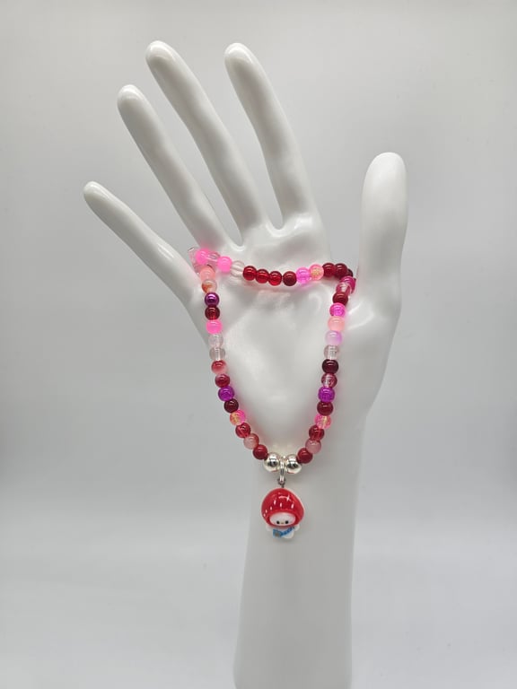 Pink and Red Bead Necklace with Strawberry bunny Charm