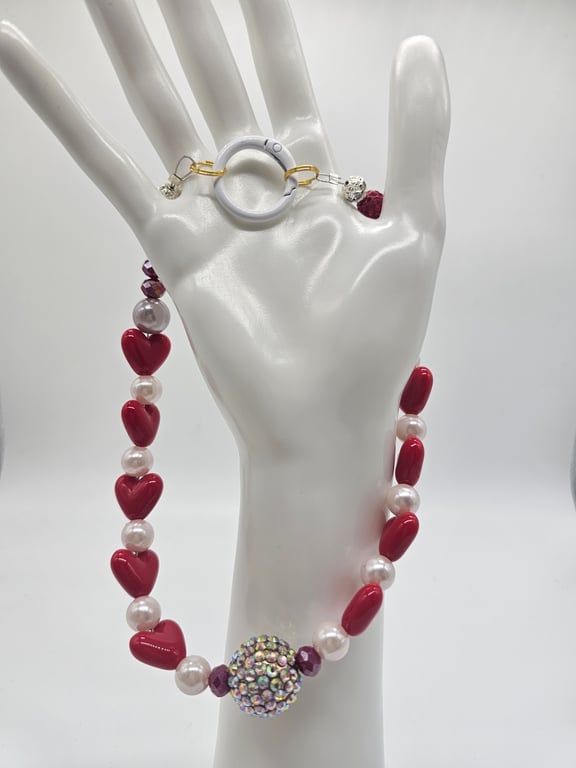Red and White Beaded Phone Wristlet with Heart Charm