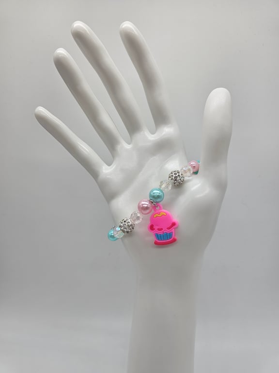 Pink Cupcake Charm Beaded Bracelet