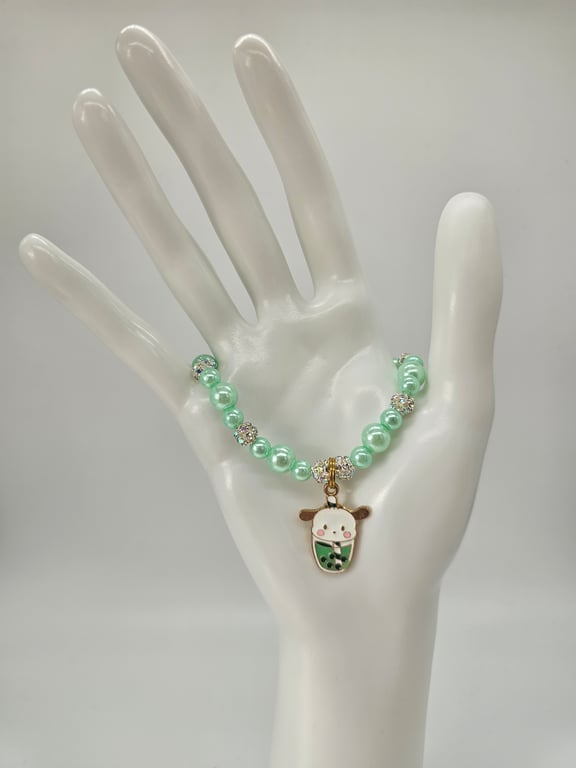 Green Beaded and Green Boba Charm Bracelet