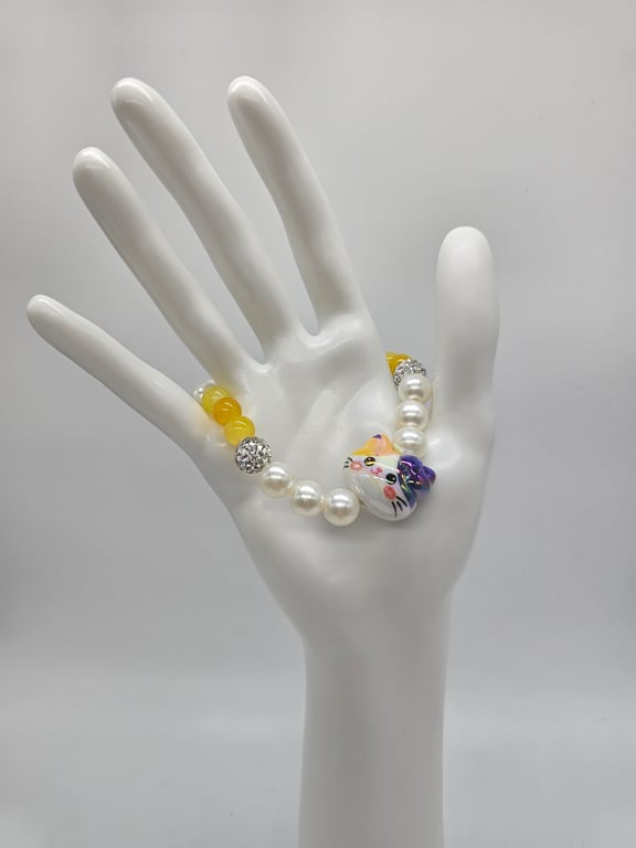 Pearl, Yellow and Silver Beaded Bracelet with Cat Charm