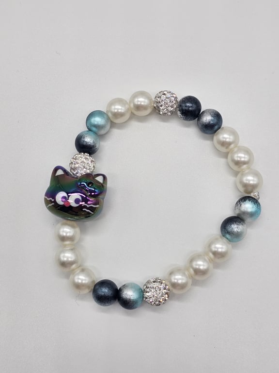 Sky Blue and White Beaded Bracelet with Silver Charm — photo 2