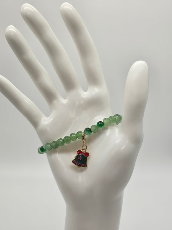 Green Jade Beaded Bracelet with Bell Charm