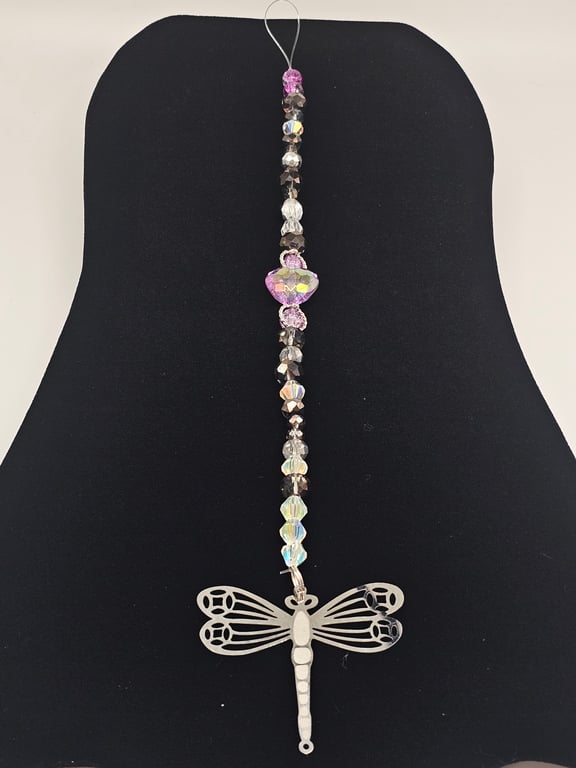 Purple and Silver Beaded Sun Catcher with Dragonfly Charm