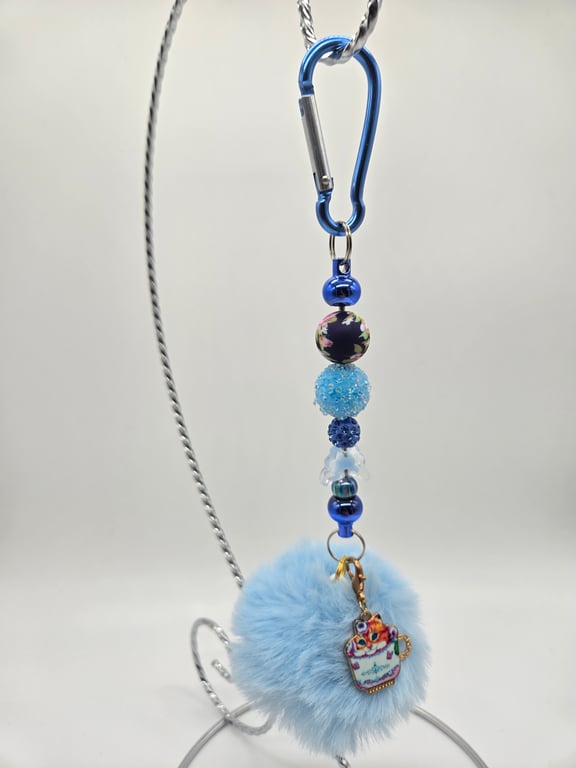 Sky Blue Pom-Pom Keychain with Enamel Charm