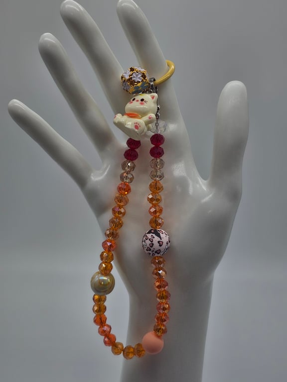 Orange and Pink Beaded Phone Wristlet with Maneki-Neko Charm