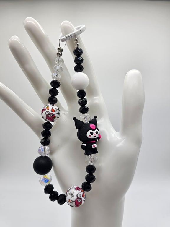 Black and White Beaded Phone Wristlet with Kuromi Charm