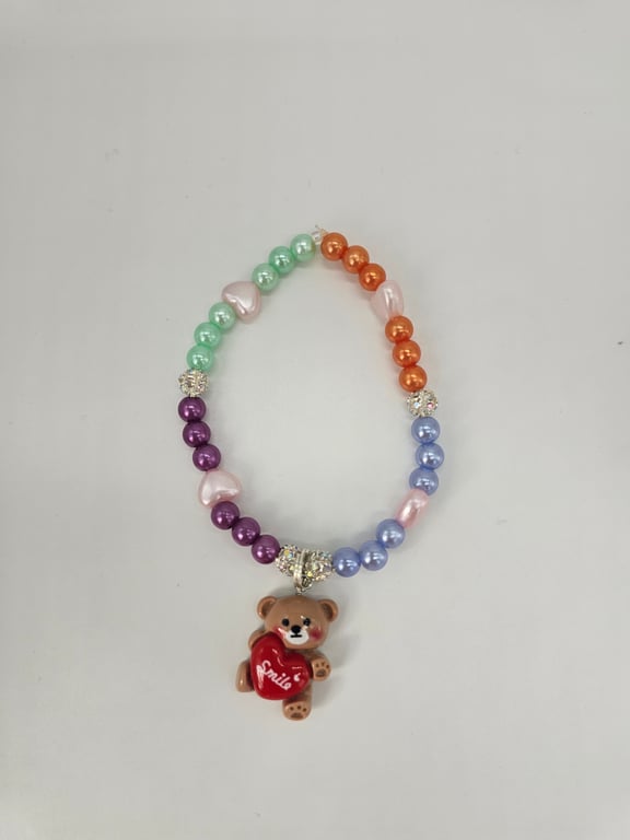 Purple and Pink Beaded Bracelet with Teddy Bear Charm — photo 2