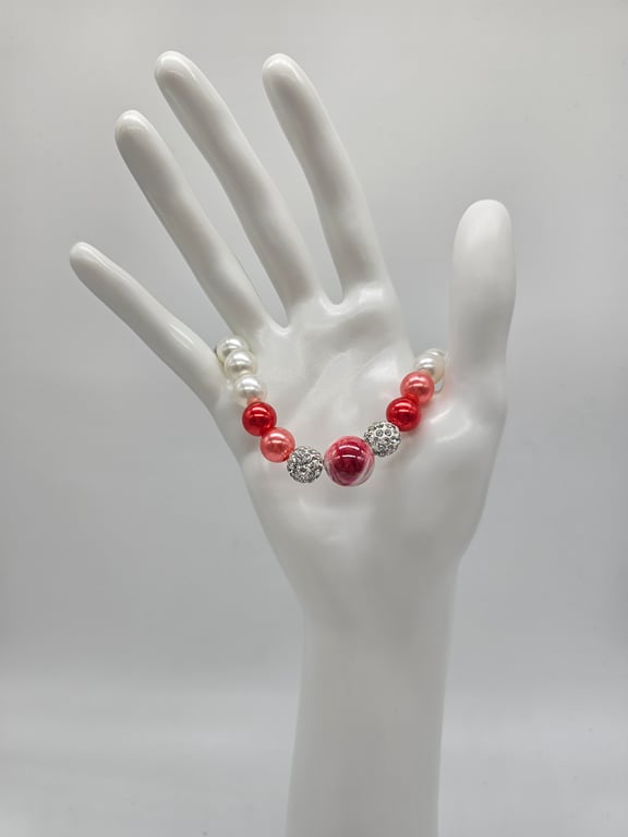 Red and White Beaded Stretch Bracelet