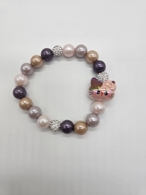 Dark Purple and Gold Beaded Bracelet with Cat Charm — photo 2