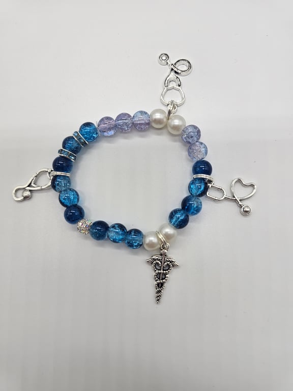 Sky Blue and Silver Stethoscope Charm Bracelet