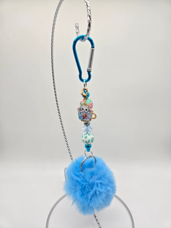 Sky Blue Keychain with Blue Pom-Pom and Floral Beads